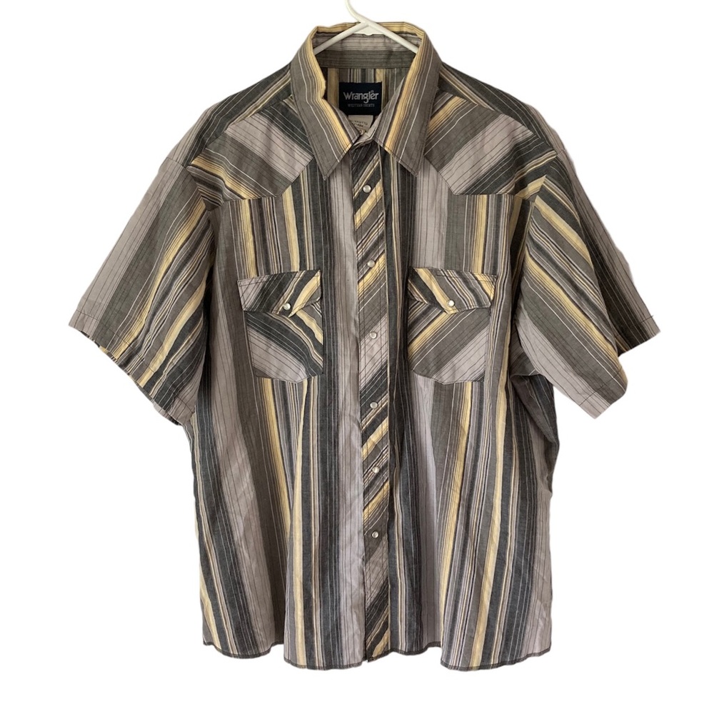 Wrangler Mens 2XL Western Shirt Gray Yellow Striped Short Sleeve Pearl Snap